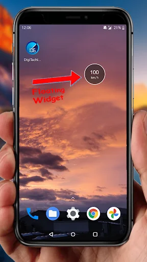 GPS Speedometer floating widget tool overlay showing 100 mph speed indicator on mobile home screen for quick access