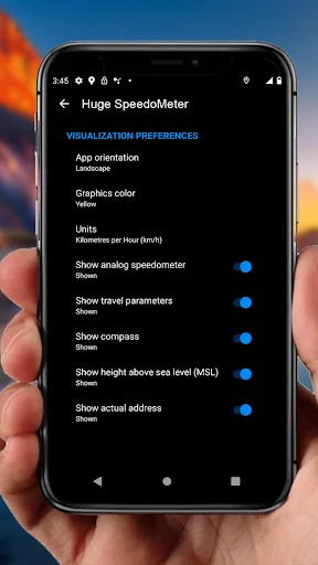 GPS Speedometer mph tracker settings interface with visualization preferences and toggle options for display customization