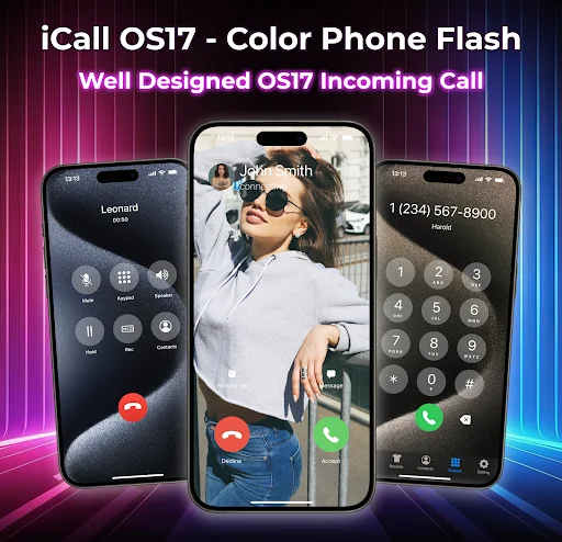 iCall OS17 incoming call screen with colorful phone flash design displaying caller information across multiple device styles
