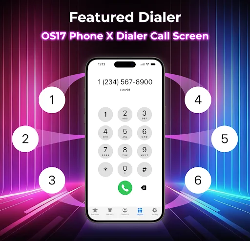 iCall featured dialer with numeric keypad, phone number display, and OS17 design for making phone calls