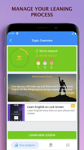 Topic learning progress overview tracking words learned and skipped with motivational quote and lock screen learning feature