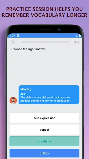IELTS vocabulary practice quiz asking users to identify correct definition for word 'creativity' from multiple choice options