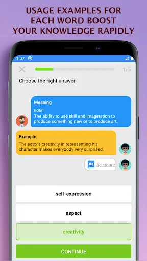 Usage examples feature displaying real-world example sentences showing how IELTS vocabulary words are applied in context