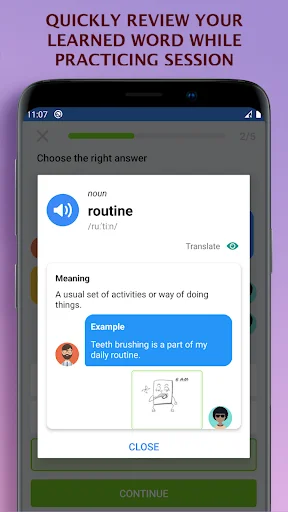 Quick review screen for learned IELTS word 'routine' showing pronunciation, meaning, example sentence during study session