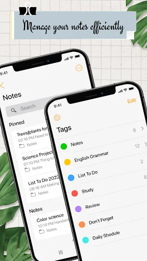 iNote sticky notes app showing notes management with search, pinned section, and color-coded tag categories