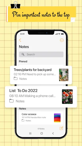 iNote pinned notes section displaying important notes with image thumbnails and creation timestamps