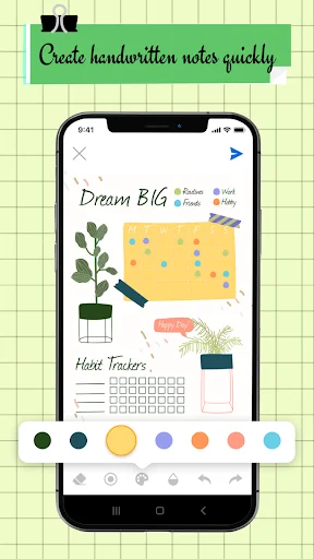 iNote handwritten note interface with drawing tools, decorative elements, color palette for creative notes