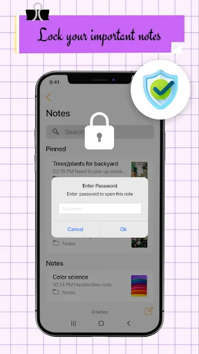 iNote note protection feature with password lock dialog and security shield for securing sensitive notes