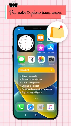 iNote home screen widget displaying pinned todo list with daily tasks for quick phone desktop access