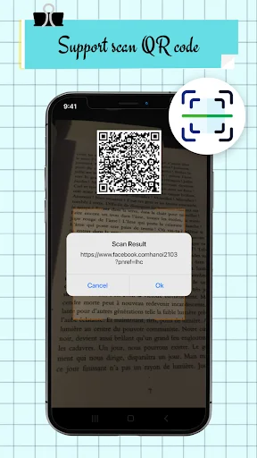 iNote QR code scanner feature embedded in notes with scan dialog and URL detection functionality