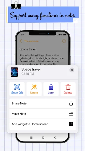 iNote note context menu with multiple options: Scan QR, Lock, Delete, Share, Move, and Add widget