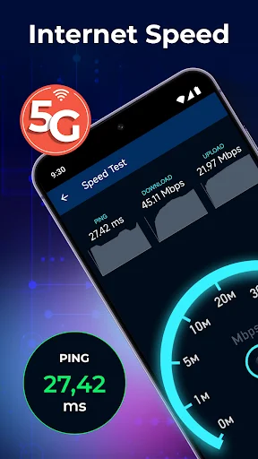Internet speed test showing 274.7 Mbps download speed, 27.42 ms ping, and 5G network connectivity analysis