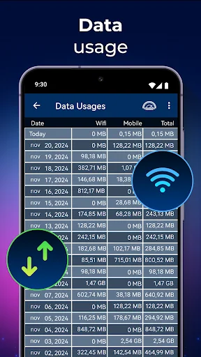 Data usage tracker displaying daily WiFi, mobile, and total internet data consumption statistics