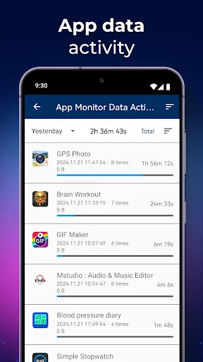 App data activity monitor showing installed apps with network usage and activity logs