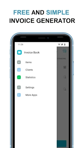 Invoice Book app main menu with options for Items, Clients, Statistics, Settings, and More Apps