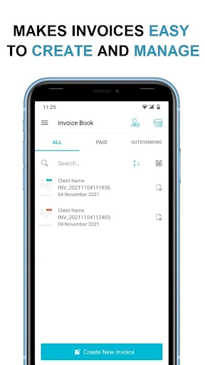 Invoice list view with ALL, PAID, and OUTSTANDING tabs, searchable invoice history, and Create New Invoice button