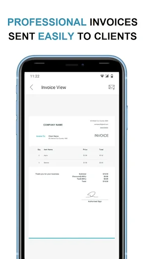 Professional invoice template preview with company details, itemized charges, totals, and customer signature area