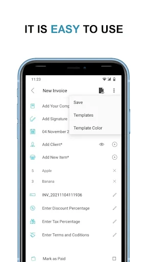 New invoice creation form with fields for company details, signature, client, items, and menu options for saving templates
