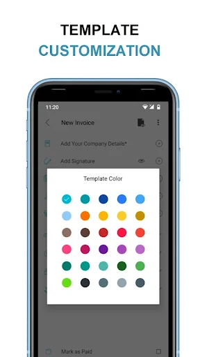 Template color customization palette with multiple color options for personalizing invoice template appearance