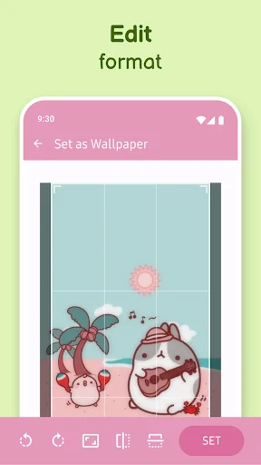 Wallpaper editor interface with grid overlay and editing tools for customizing kawaii aesthetic wallpaper dimensions