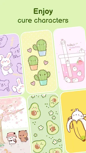 Cute character wallpaper collection grid displaying cacti, rabbits, fruits, bananas and kawaii themed designs