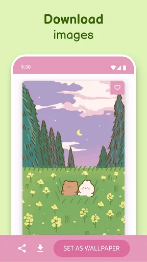Wallpaper preview screen showing forest landscape with cute characters, download icon, and set as wallpaper button