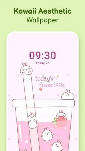 Kawaii Aesthetic Wallpaper app home screen displaying cute digital clock and character wallpaper preview in pink aesthetic