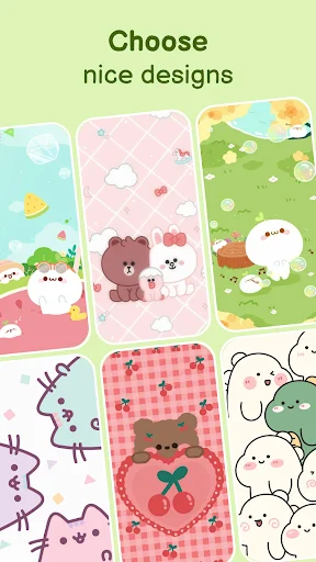 Gallery view of six kawaii wallpaper designs featuring cute characters in pastel pink, green, blue and purple color themes
