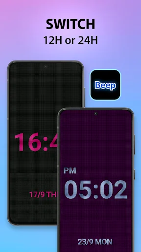 LED Digital Clock with 12H and 24H format switching options shown on different phone displays