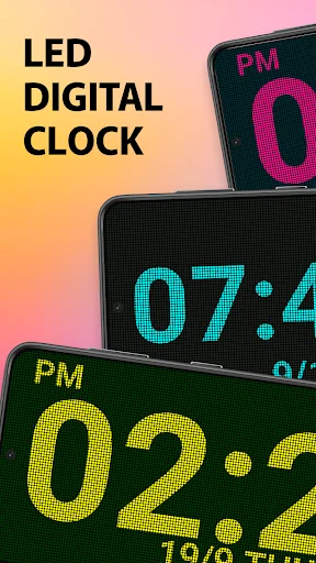 LED Digital Clock app with multiple phones displaying colorful LED time in magenta, cyan, and yellow digits