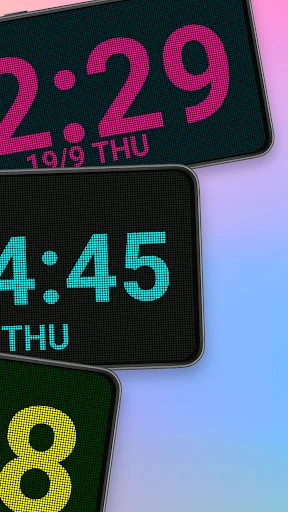 LED Digital Clock app showing stacked phones with LED time displays in different bright colors