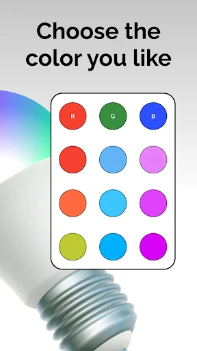 Choose the color you like screen displaying 12-color palette grid with red, green, blue, and various LED light colors to select from, paired with smart bulb image