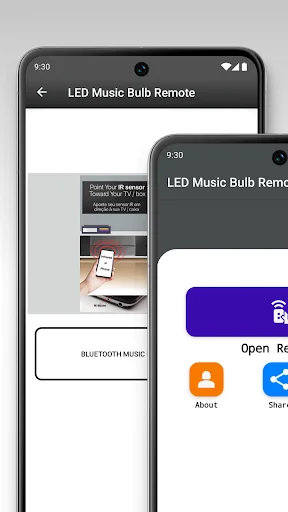 LED Music Bulb Remote Bluetooth connectivity screen showing music control features and device pairing options for wireless LED bulb control