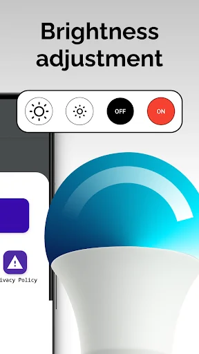 Brightness adjustment controls featuring decrease and increase brightness buttons, OFF and ON switches, with smart LED bulb preview illustration