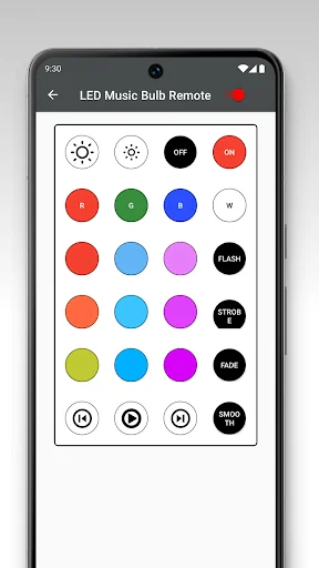 LED Music Bulb Remote full control panel with color selection buttons, music playback controls, and mode options including Flash, Strobe, Fade, and Music modes