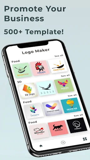 Logo Maker app displaying 500+ logo templates organized by category including Food, Company, and 3D designs for brand creation