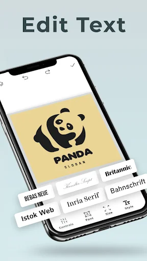 Logo text editor displaying panda design with multiple font options for customizing logo text and typography in brand creation