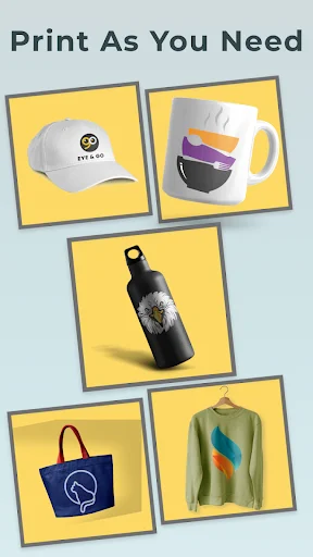 Logo designs applied to merchandise products including caps, mugs, bottles, and apparel showing printable branding options