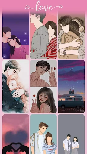 Love wallpaper gallery grid with illustrated romantic couples in different scenarios and nature-themed backgrounds with pink header