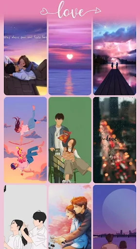Love wallpaper collection showcasing romantic sunset scenes, silhouettes, and illustrated couples in various intimate poses