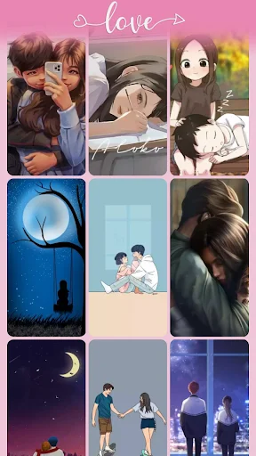 Love wallpaper grid featuring illustrated couples, moonlit scenes, romantic landscapes, and intimate romantic moments