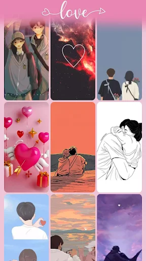 Love wallpaper display with romantic couples, heart symbols, decorative love elements, and text-based romantic designs