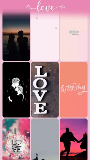 Love wallpaper gallery showing romantic couples, minimalist designs, silhouettes, and love-themed text overlays like LOVE and worthy