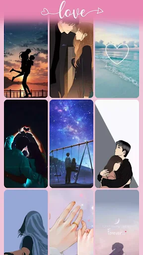 Love wallpaper collection featuring romantic couples, heart shapes, sunset silhouettes, and starry night scenic backgrounds