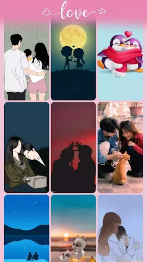 Love wallpaper grid displaying illustrated couples, moonlit romance, silhouettes, and warm romantic golden hour lighting