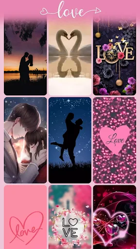 Love wallpaper gallery with romantic silhouettes, illustrated couples, sunset scenes, and decorative pink heart designs