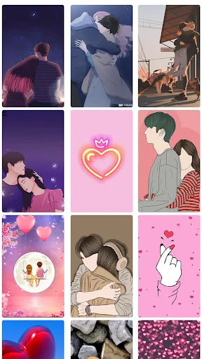 Love Wallpapers collection grid showing romantic couple illustrations, neon hearts, pink love designs, and silhouettes for mobile personalization