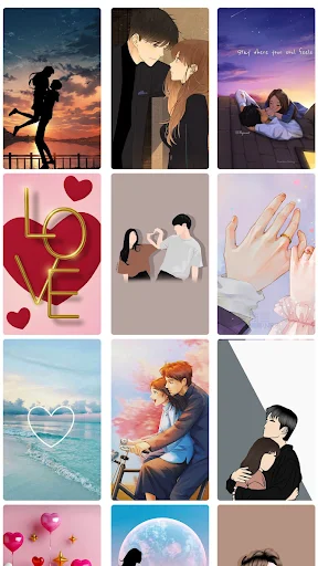 Romantic wallpaper gallery featuring sunset couples, hand-holding scenes, heart motifs, engagement rings, and relationship-themed mobile backgrounds