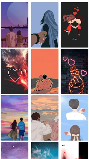 Love wallpaper designs with cosmic couple scenes, neon hearts, sunset silhouettes, and romantic illustrations for phone screen customization