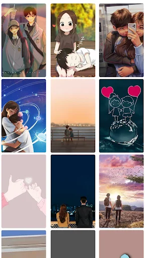 Romantic anime-style wallpaper collection with couples, sunset scenes, silhouettes, heart designs, and love-themed personalization options